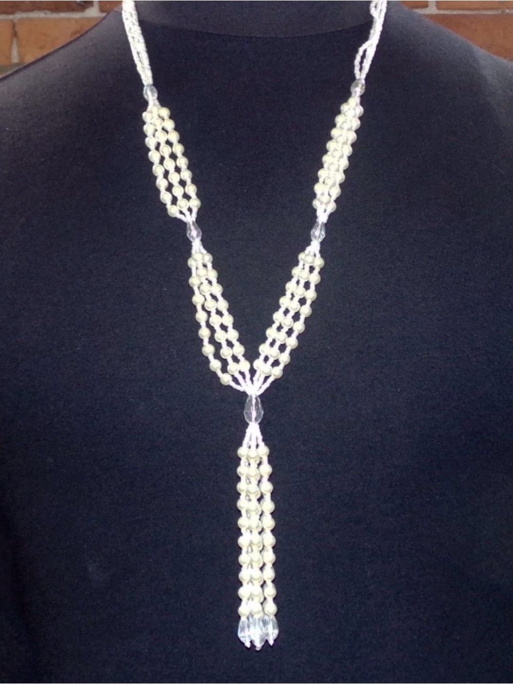 Long white pearl tassel necklace multi strand clear crystals glass pearls NEW